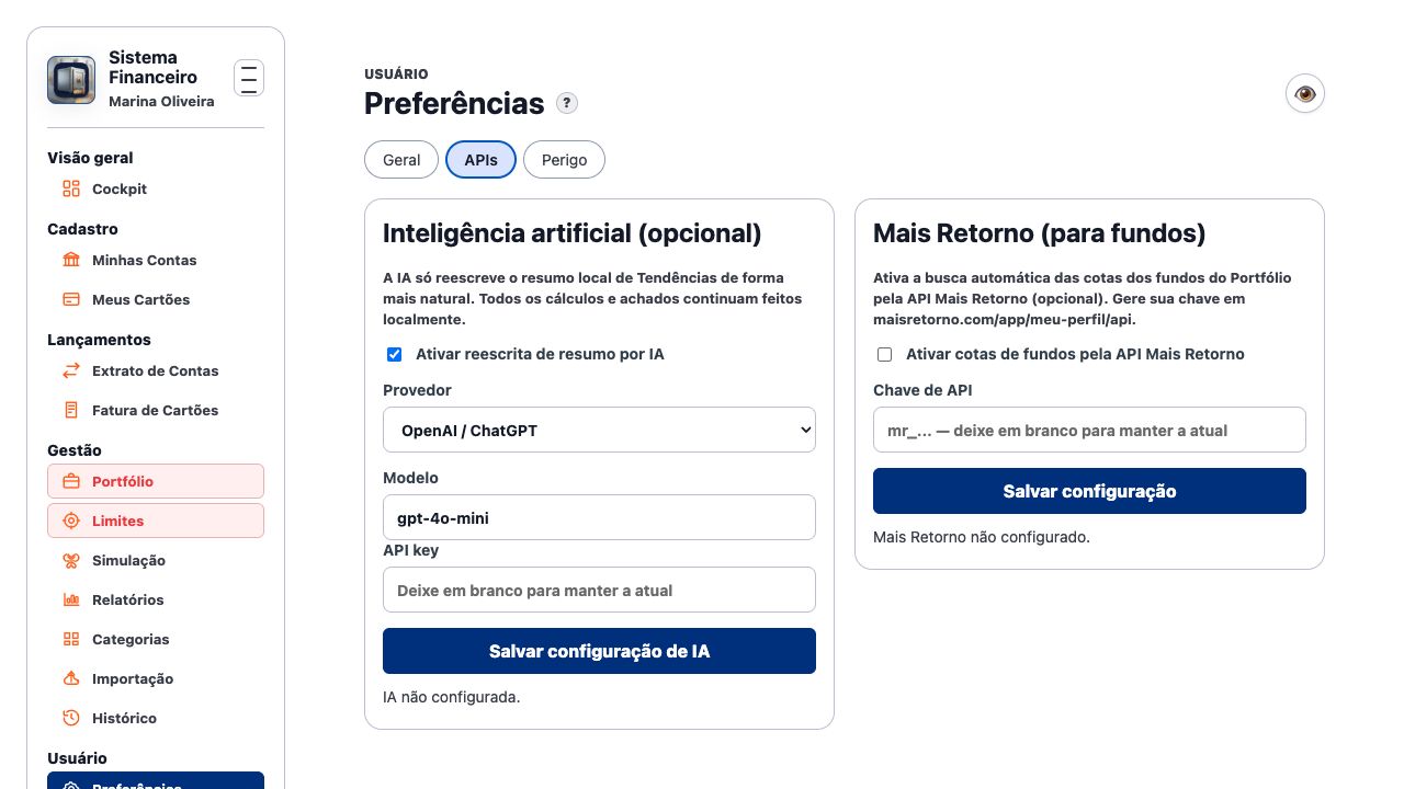Tela de configuração de APIs opcionais para inteligência artificial e cotações de fundos.