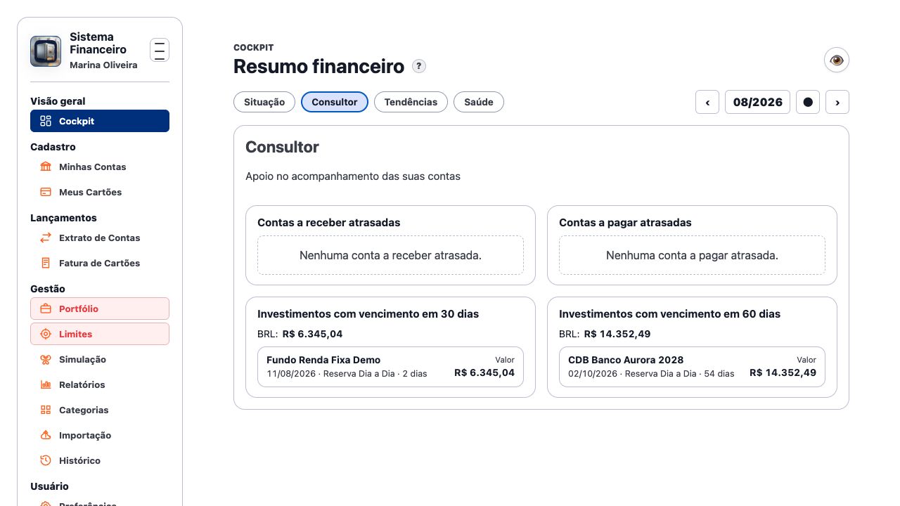 Tela do Consultor com análises financeiras pré-formatadas, vencimentos e histórico.