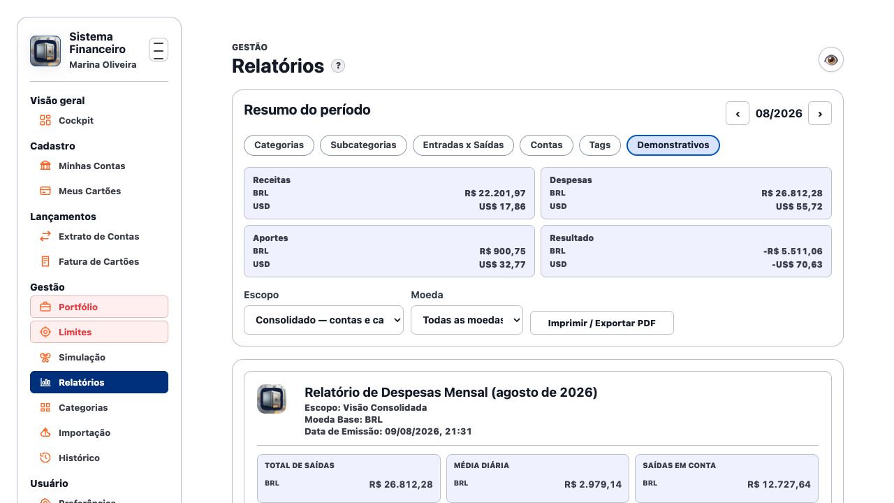 Tela de demonstrativos financeiros com KPIs, categorias, entradas, saídas e detalhamento mensal.