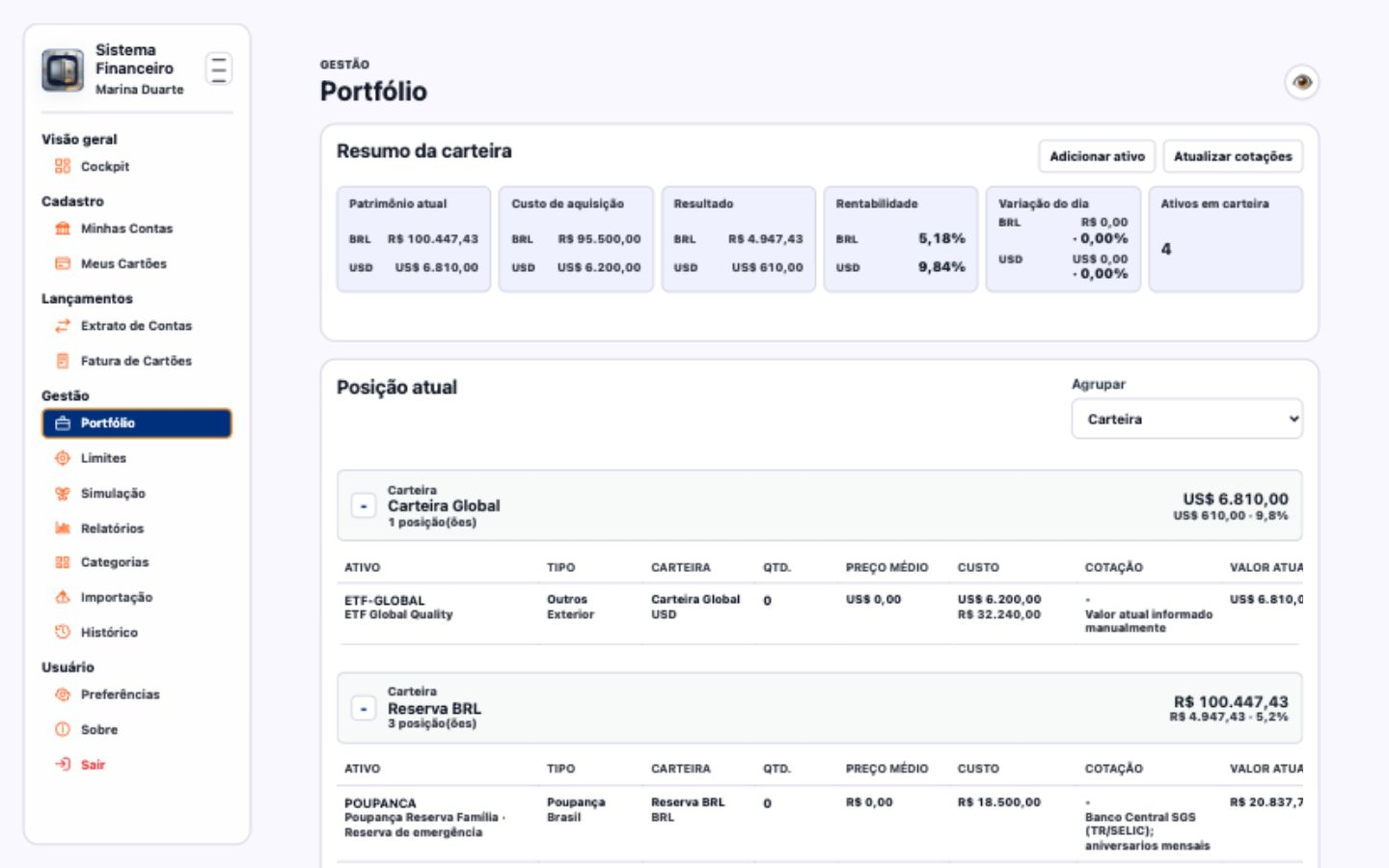Tela de controle de investimentos com portfólio, renda fixa, moedas e rentabilidade.