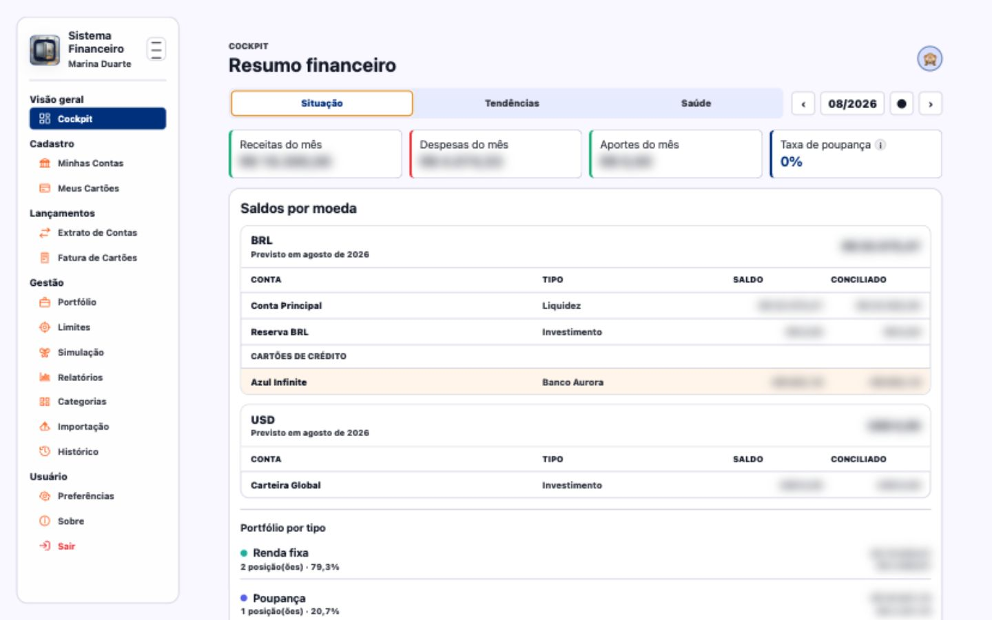 Tela do modo privacidade ocultando valores financeiros sensíveis.